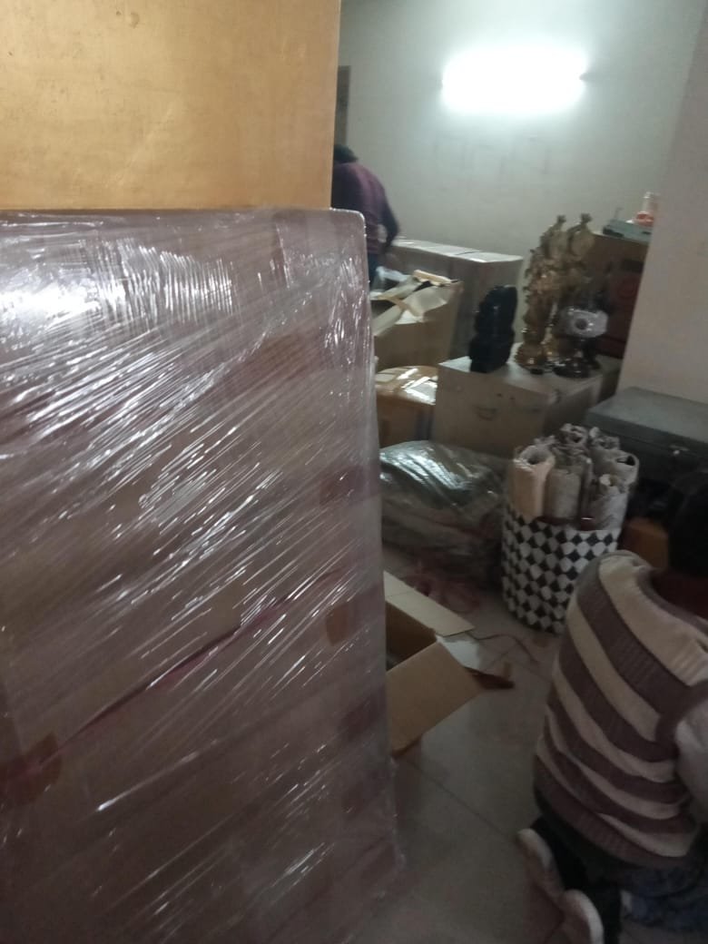 Movers arranging furniture in new home